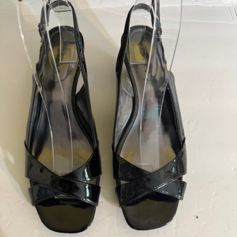 Nickels Black Patent Leather Strappy Slingback  Wedge Shoes-Open Toe  Sz 7.5